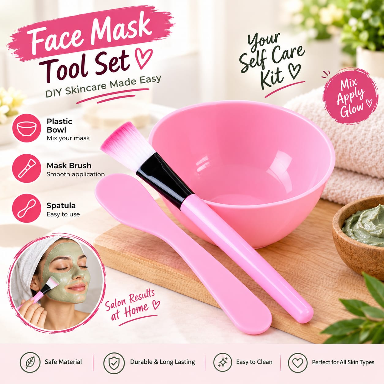Face Mask Mixing Bowl & Brush Spatula Set – DIY Facial Skincare Kit
