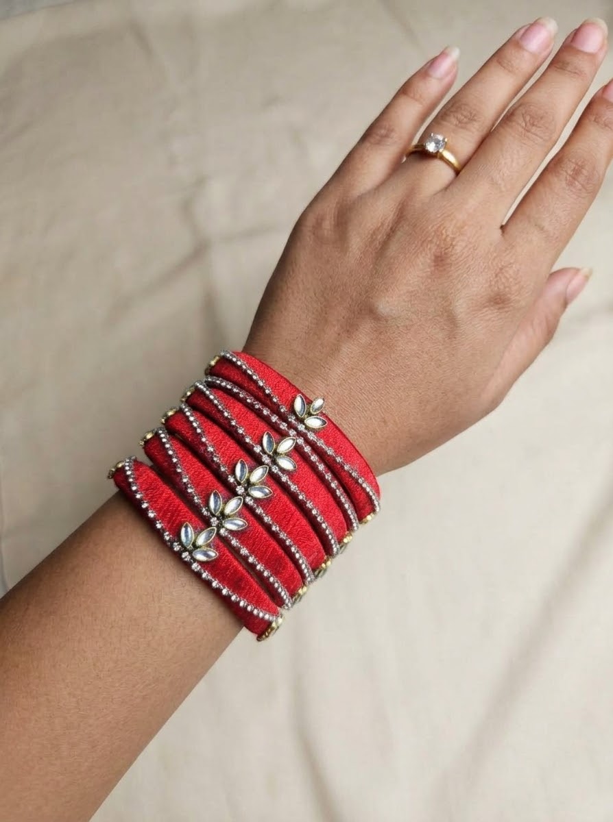 Exclusive Handmade Silk Thread Bangle Set - Deep Red with Stone & Kundan Leaf Work