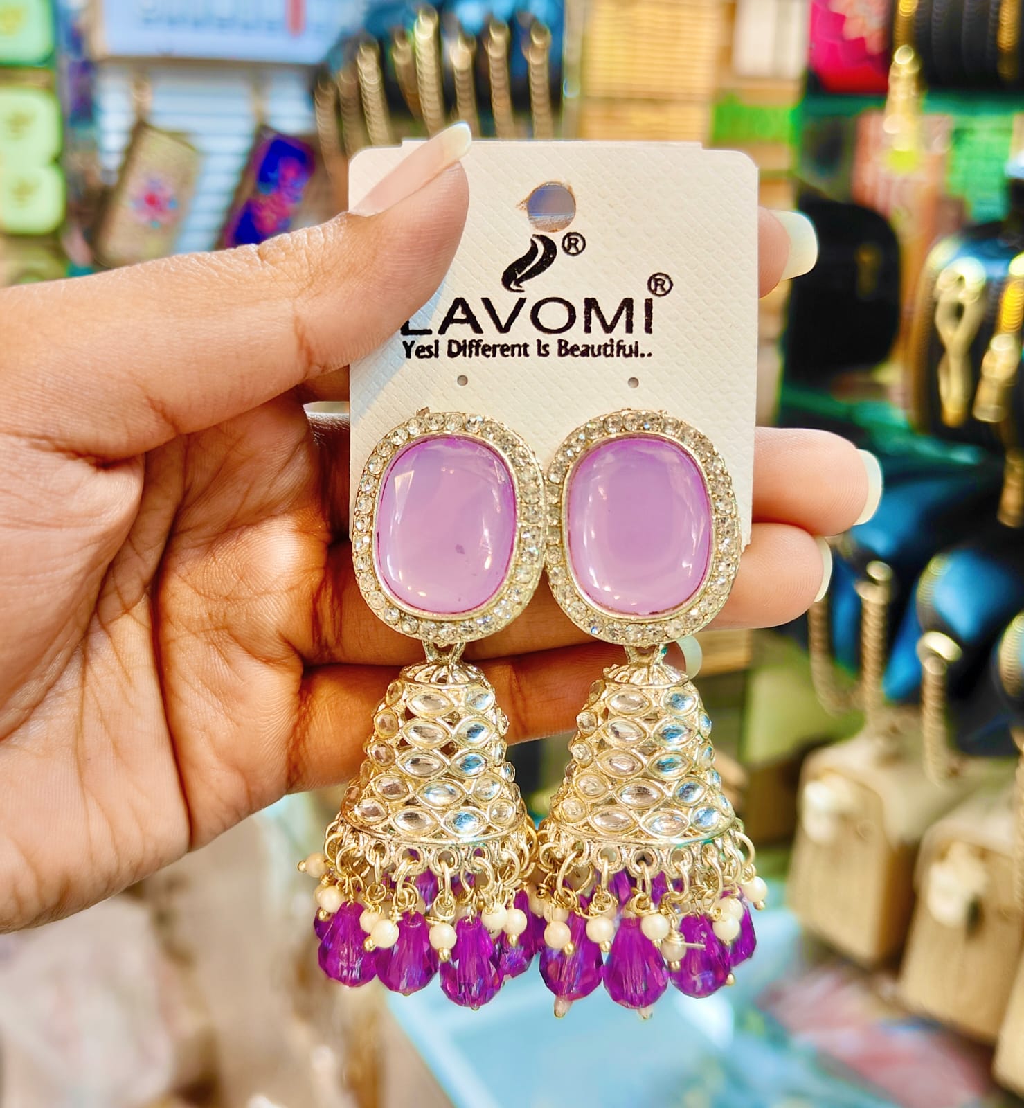 Premium Lavender,Green & Purple Stone Kundan Jhumka Earrings (Lavender & Purple Kundan Jhumka Earrings)