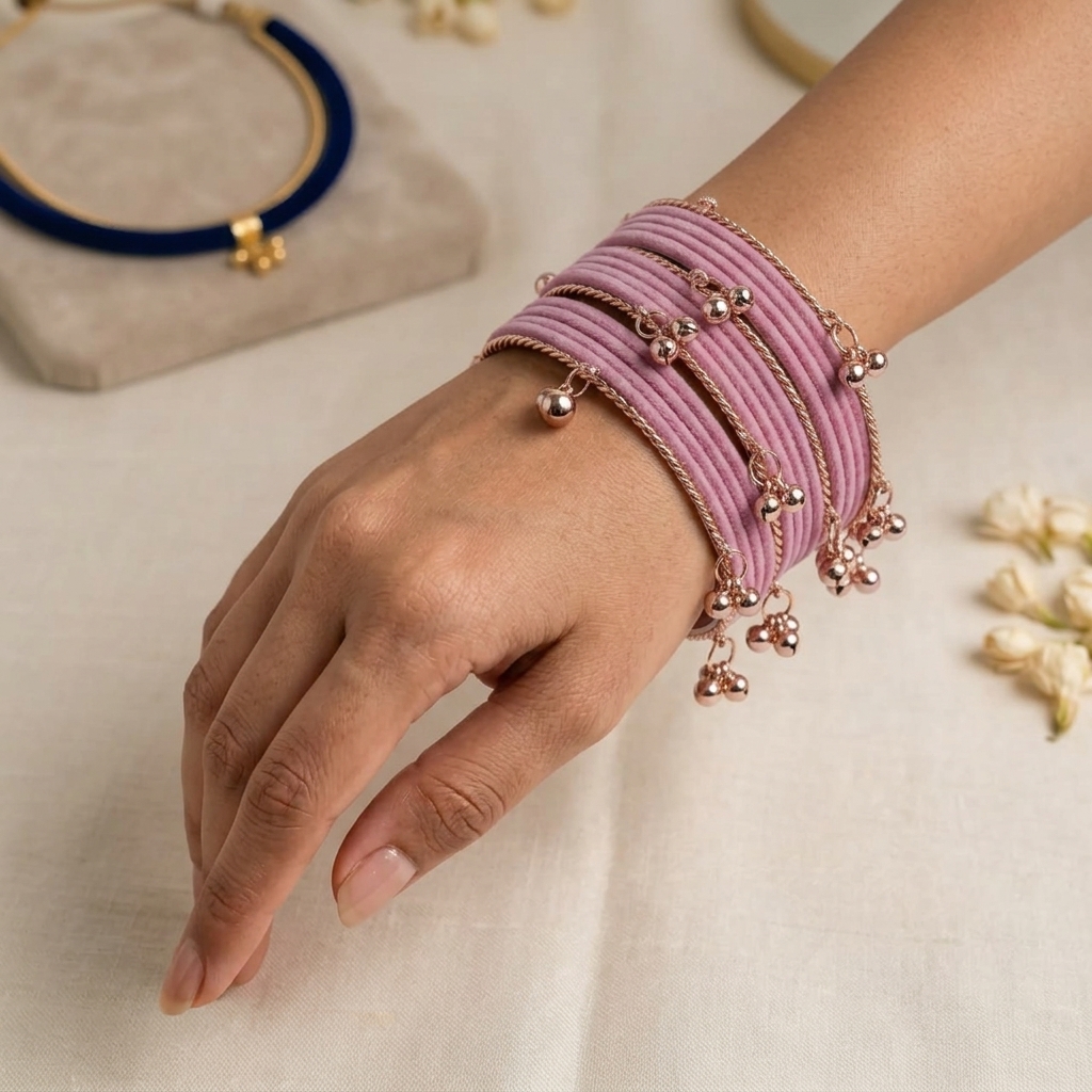 Traditional Velvet / Silk Thread Ghungroo Bangles Set - Green & Pink Collection