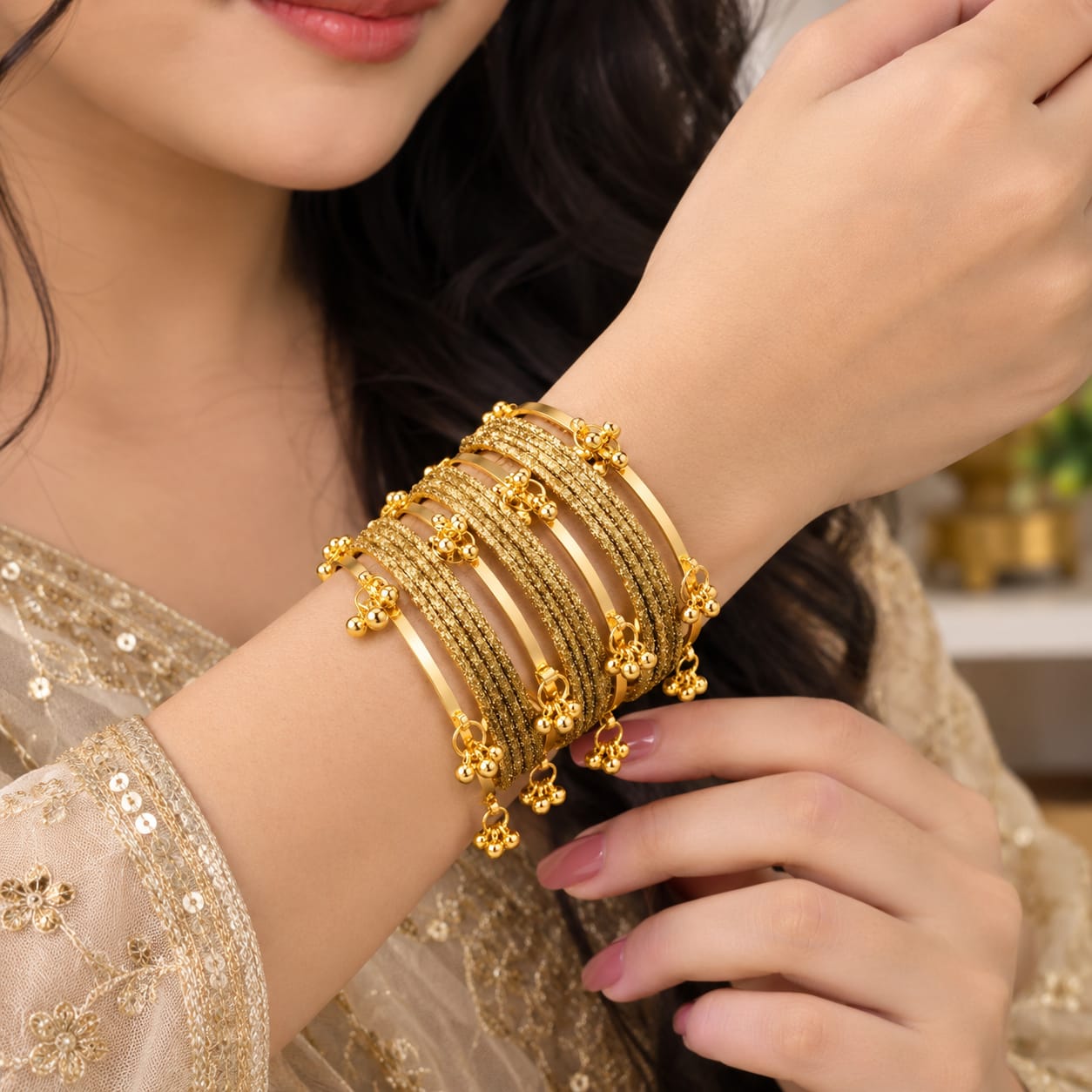 Elegant Golden Charm Bangles for Women – Stylish Gold-Tone Bracelet Set