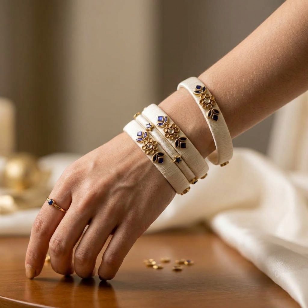 Exclusive Handmade Silk Thread Bangle Set - Off-White with Royal Blue Kundan Work
