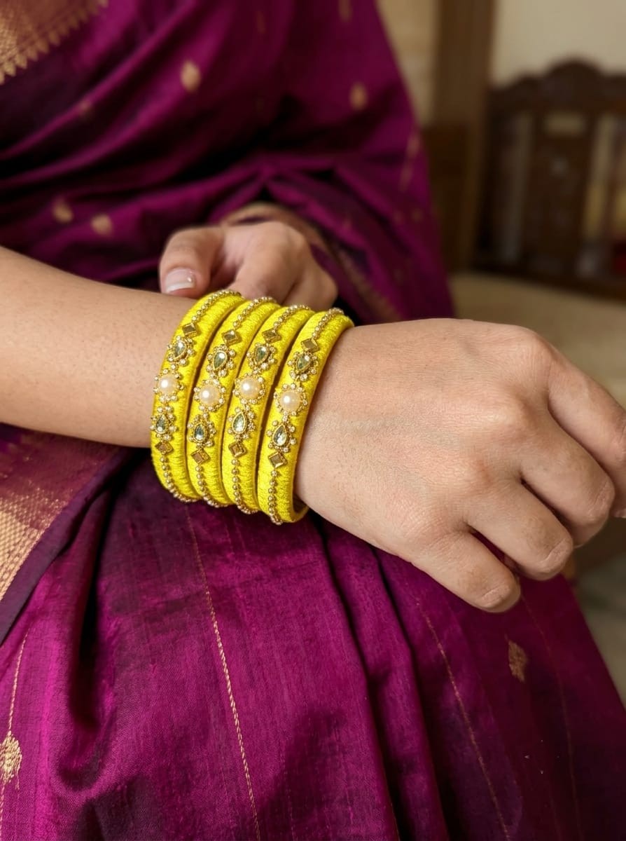 Exclusive Handmade Silk Thread Bangle Set - Kundan & Pearl Work