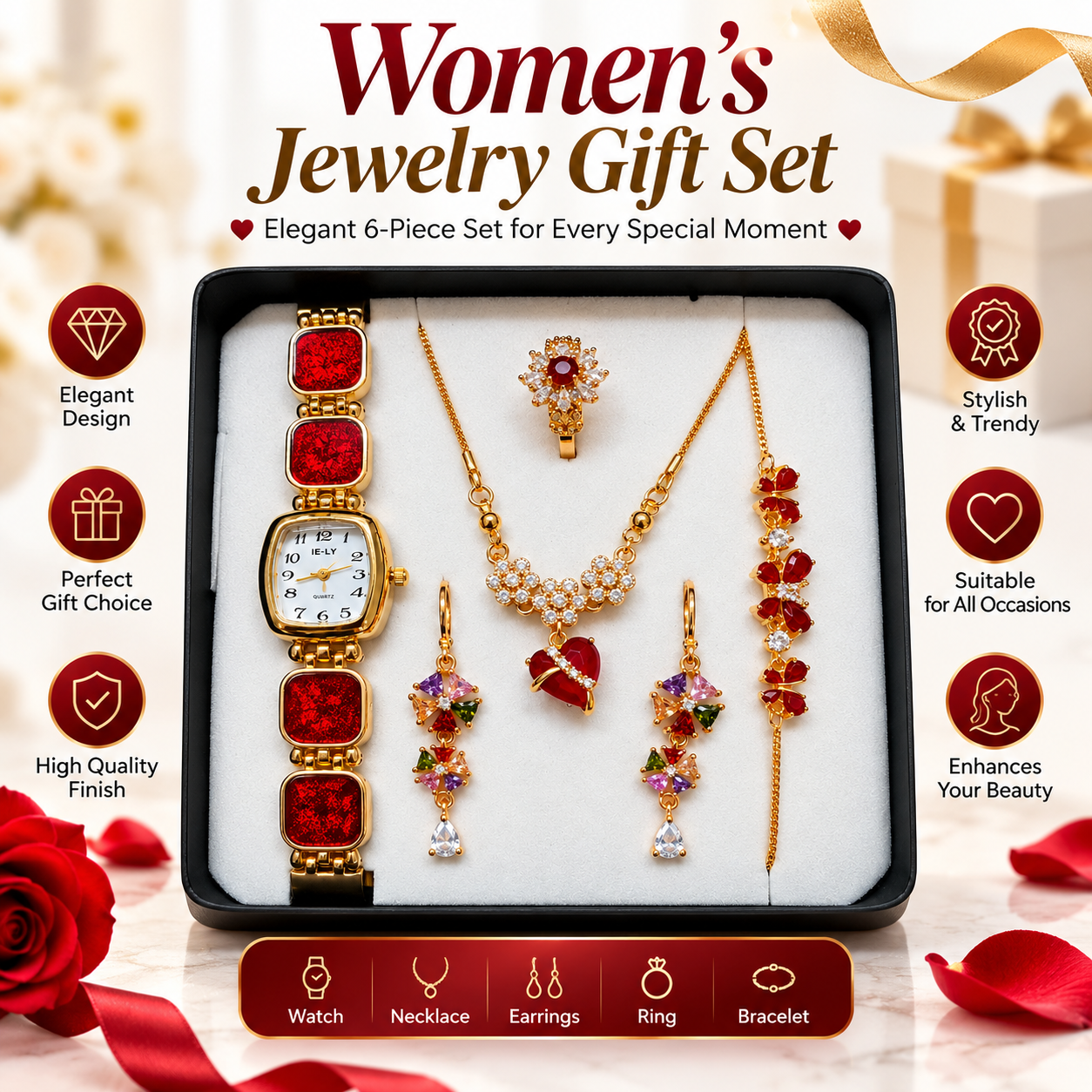 5 in 1 Ladies Watch & Jewelry Gift Set