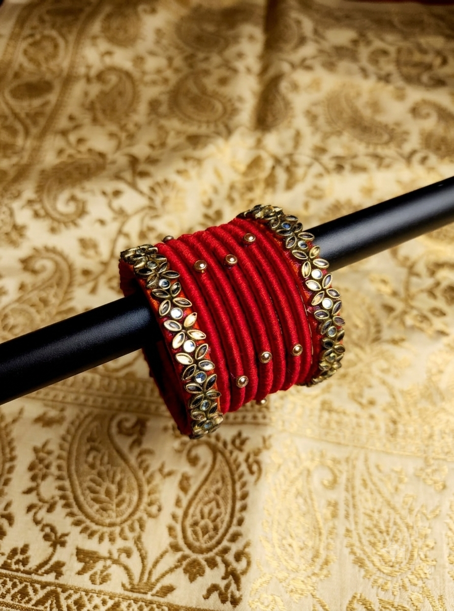রেড সিল্ক থ্রেড ও কুন্দন চুড়ির সেট-Red Silk Thread & Kundan Bangle Set