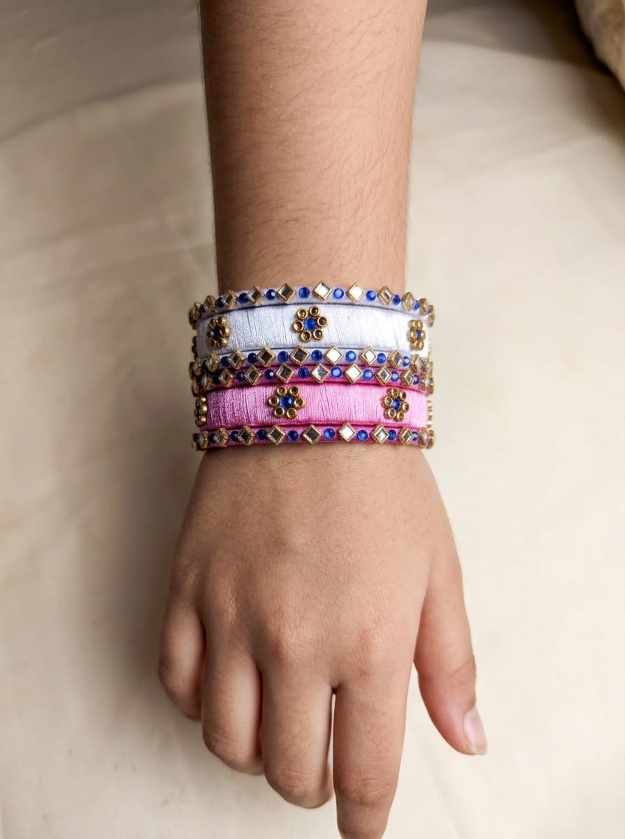 Pink,White & Blue Silk Thread Bangle Set-বেবি পিঙ্ক, অফ-হোয়াইট এবং উজ্জ্বল রয়্যাল ব্লু - Image 2