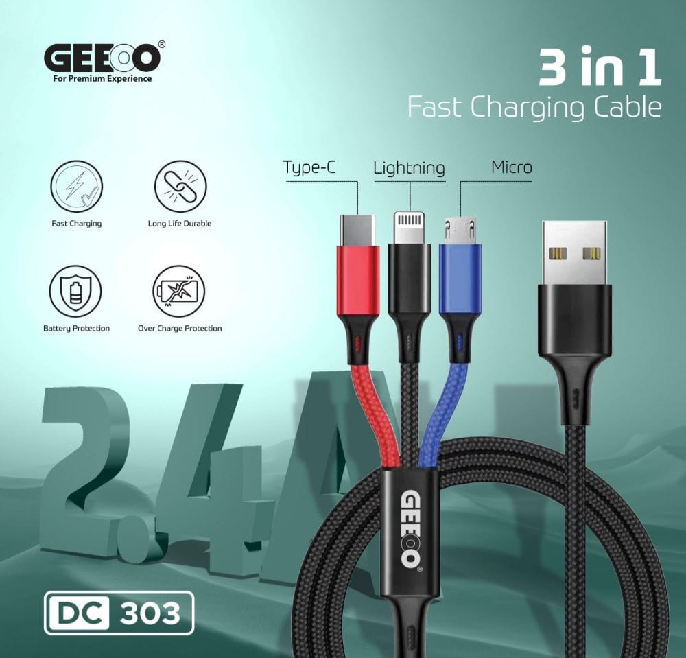 GEEOO DC 303 3-in-1 Fast Charging Cable (2.4A) - Image 4