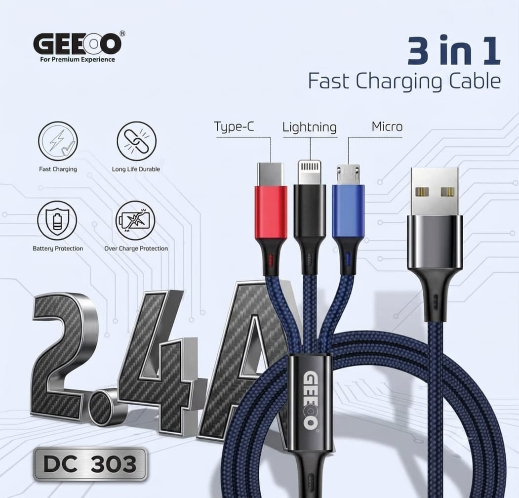 GEEOO DC 303 3-in-1 Fast Charging Cable (2.4A)