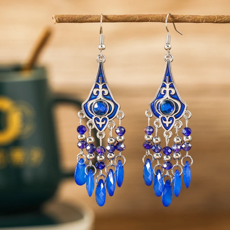 Vintage Elegant Crystal Water Drop Dangle Earrings for Women Ethnic Temperament Long Geometric Handmade Earring Female Jewelry - Image 2