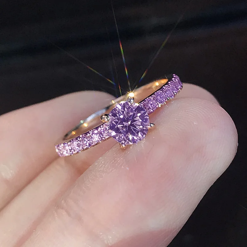 Women Pink Cubic Zirconia Wedding Fake Ring Fashion Jewelry Accessory