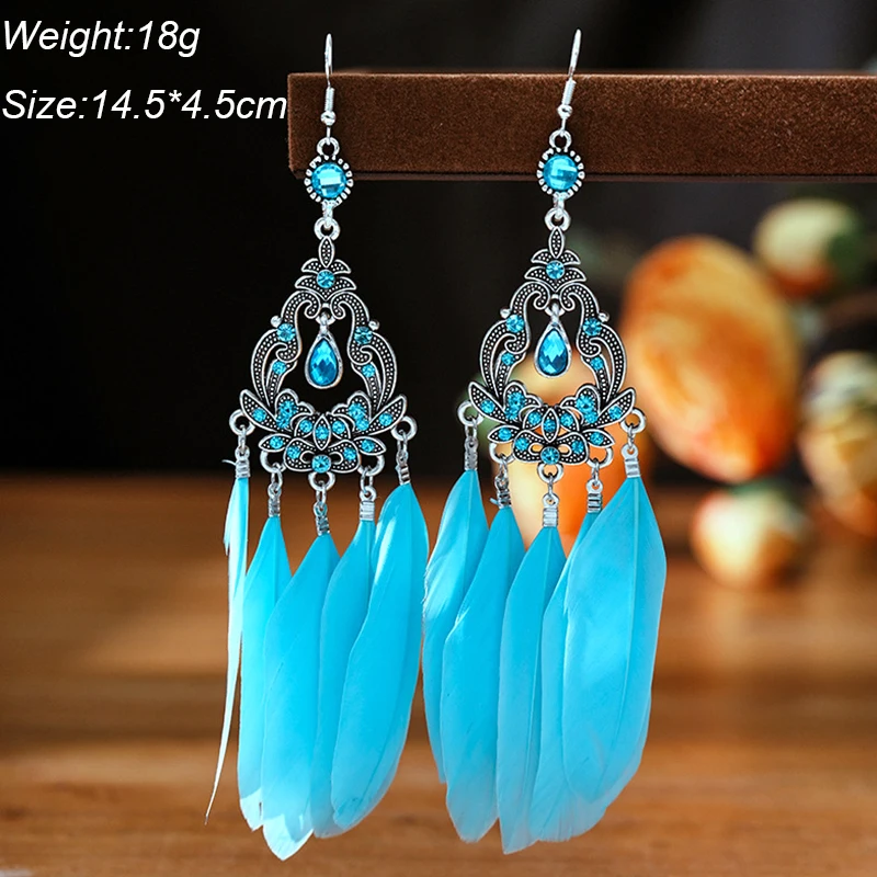 Water Drop Feather Earrings for Women Long Crystal Rhinestone Drop Oil Dangle Earring Jewelry - Image 2