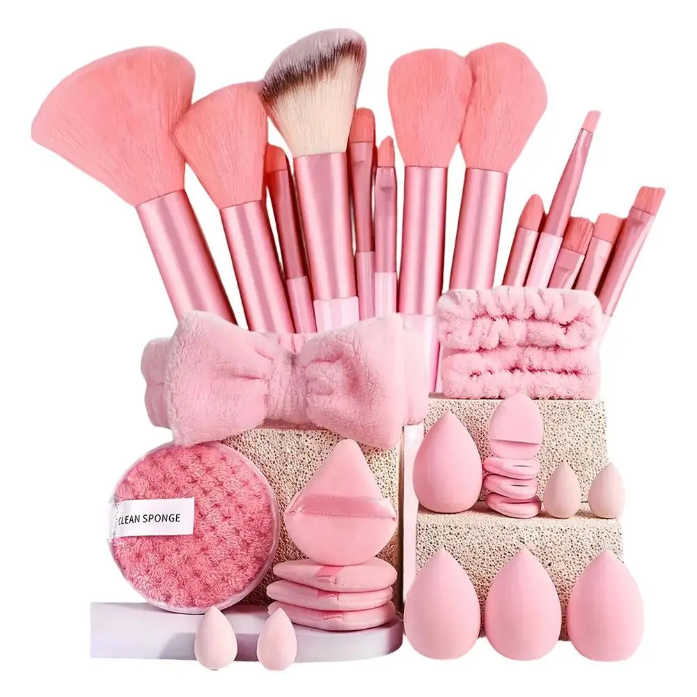 Makeup Tools Kit Professional Soft Fluffy Makeup Brush Set Foundation Blush Eyebrow Shadow With Headband Wristband Pink 33Pcs