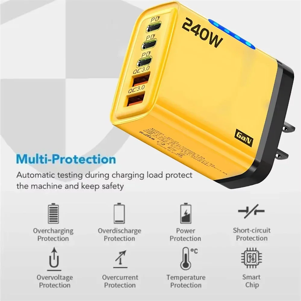 240w Gan Fast Charger With Led Light 5 In 1 2usb+3type-C Multi Port Phone Charger For Iphone15-17Series Samsung Huawei Xiaomi 15 - Image 2