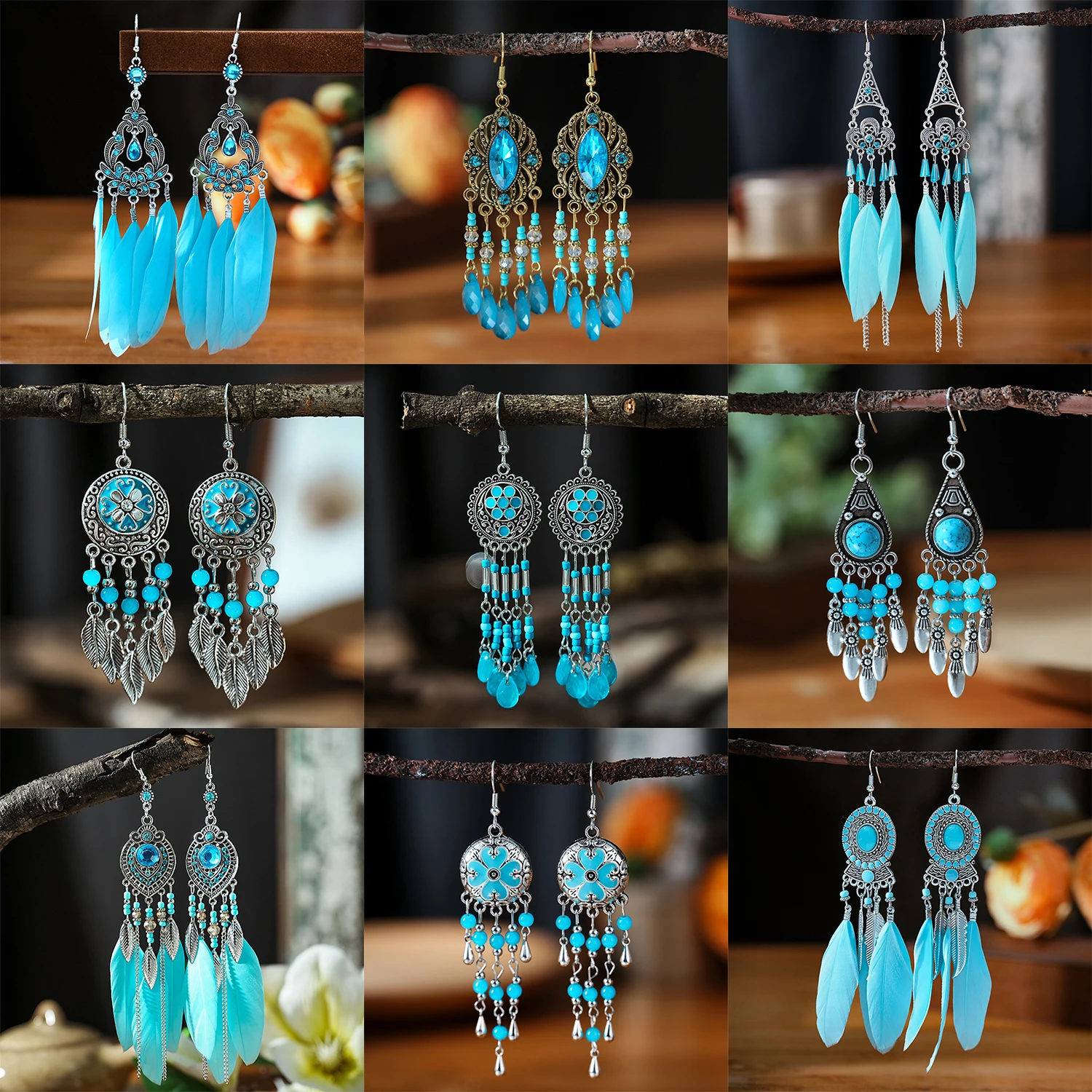 Blue Fashion Boho Temperament Water Drop Feather Earrings for Women Long Crystal Rhinestone Drop Oil Dangle Earring Jewelry