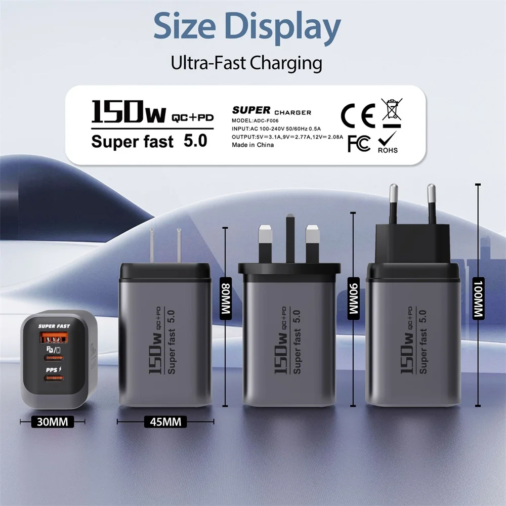 150W Charger USB QC3.0 Fast Charging Mobile Phone Charger Travel Adapter For iPhone 17 Samsung Xiaomi EU/UK/US Plug USB Type C - Image 6